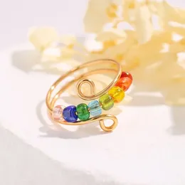 Cluster Rings Cute Bohemian Rainbow Beads Relieve Anxiety Ring Rotate Anti Stress Fidget Spinner For Women Men Fashion Jewellery Girl Gift