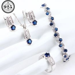 Sets Blue Zirconia Silver 925 Bridal Jewelry Sets For Women Luxury Wedding Costume Jewelry Pendants Bracelets Rings Earrings Necklace