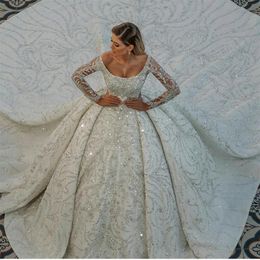 2024 Arabisch Dubai Luxus Hochzeitskleid Glitzer Perlen Langarmes Pailletten Ballkleid Brautkleider Robe de Mariage Vestido de Noivas