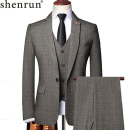 Shenrun Men Suits Spring Autumn Business Formal Casual 3 Pieces Suit Slim Party Prom Fashion Wedding Groom Banquet Grey Brown 240119