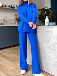 2 Pieces Blue Women Sets Knitted Tracksuit Turtleneck Sweater and Straight Jogging Pants Suits 240122