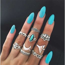 Band Rings HI MAN 9Pcs/Set European Mixed Elephant Fishtail Lotus Moon Ring Women Personality Vintage Banquet Jewellery Accessories 240125