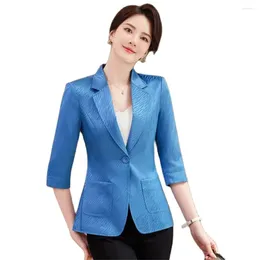 Women's Suits Half Sleeve Formal Blazer Women Pink Sky Blue Apricot Ladies Single Button Business Work Wear Jacket Summer Spring Female Tops