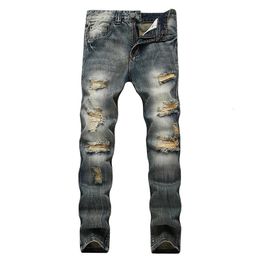 Streetwear Mens Jeans Ripped Denim Pants Hole Ruined Brand Biker High Quality Straight Patch Plus Size 40 42 240124