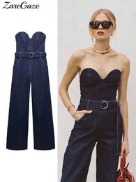 Frauen Schulterfreier Denim-Overall mit Gürtel, ärmellos, rückenfrei, Reißverschluss, gerade, lange Overalls, Sommermode, Strampler, Streetwear, 240125