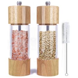 Mills Wooden Salt and Pepper Grinder Set, Manual Salt and Pepper Mills with Acrylic Visible Window and Cleaning Brush, 2 Pack