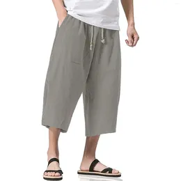 Men's Pants Mens Casual Linen Yoga Capris Elastic Waist Drawstring Wide Leg Baggy Pant Colour Simple Sports Soft Pocket Trousers 2024
