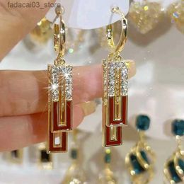 Stud New Fashion White Square Rhinestone Zircon Double Pendant Gold Colour Earrings for Women Unique Design Girls Trend Jewellery Gift Q240125