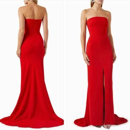 Elegant Long Crepe Strapless Prom Dresses With Ruffles Mermaid Sleeveless Red Watteau Train Party Dress Maxi Formal Evening Dresses for Women