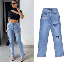 2024 Jeans da donna primaverili Vintage Blu Nero Grigio Vita alta Moda donna Streetwear Gamba larga Strappato Pantaloni di jeans femminili Pantaloni larghi