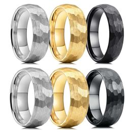 Band Rings Fashion Hammered Multi-faceted Titanium Rings For Men Women Black Brushed Stainless Steel Couple Ring Wedding Engagement Jewellery 240125