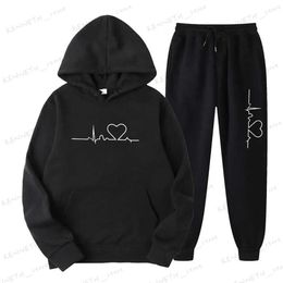 Men's Tracksuits 2023 Men Women Plus Fleece Tracksuit Autumn Winter Heart Figure Casual Hoodie+Sweatpants 2 Piece Set Trend Printed Sports Suit T240126