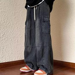 Men's Pants Men Cargo Jeans Baggy Denim With Elastic Waist Multiple Pockets Wide Leg Trousers For Solid Wear
