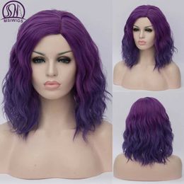Cosplay Wigs MSIWIGS Woman Purple Cosplay Wig Short Wavy Synthetic Heat Resistant Hair Pink Blonde Ombre Cos Wig