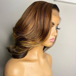 250% Density Brazilian Brown Coloured Short Bob Lace Closure Wig Highlight Ombre 13x4 Loose Deep Lace Front Synthetic Wig for Women