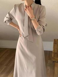 Casual Dresses Spring Autumn Midi Dress Women Elegant Long Sleeve Office Lady Lace Up A-Line Korean Fashion Female Clothing