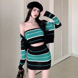 Skirts Three Piece Set Vintage Women Fashion Elegant Harajuku High Waist Clothes Korean Sweet Lolita Style Striped Vacation Ins