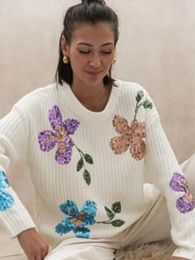 Women's Sweaters Casual Sequin Flower Knitted Women Sweater Vintage Long Sleeves Round Neck Warm Lady Pullover Autumn Winter Thick Jumper