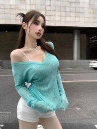 Women's Sweaters Small Hollow Lazy V-neck Thin Blouse Broken Waist Wool Sweater Long-sleeved Top