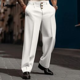 Men's Stand Pocket Elegant Wide Leg Pants Solid White Formal Party Trousers Plus Size 3xl Mens Fashion Triple Buttons Suit Pants 240125
