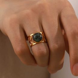 Band Rings Uworld Stainless Steel Natural African Turquoise Stone Wide Ring for Women France Stylish Charm Elegant Statement Jewellery 240125