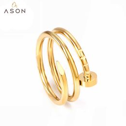 Band Rings ASONSTEEL Gold Plated Trendy Stainless Steel Multilayer Sercw Nail Ring for Women Girl Men Finger Fashion Style Trending Jewelry 240125