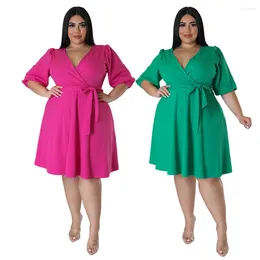 Party Dresses Plus Size Woman Summer Short Sleeves Solid Casual Dress With Belt V Neck Elegant Simple Knee Length 5XL
