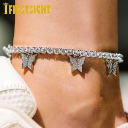 Gold Silver Colour Pave 5A CZ Butterfly Pendant Anklet Iced Out Bling 5mm Tennis Chain Butterflys Anklets Hiphop Women Jewellery 240125