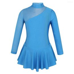 Stage Wear GirlsLong Sleeves Gymnastic Figure Ice Skating Dress Rhinestone Mesh Tulle Splice Leotard Ballroom Ballet Dance Clothes