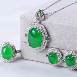 Charm Natural Green Jade Jewellery Set Women Chrysoprase Oval Pendant with Zircon Emerald Stud Earrings Adjustable Rings Jewellery Sets