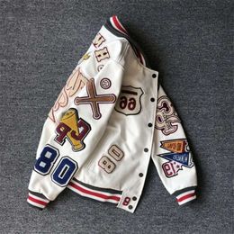Men's Jackets Men's Spring And Autumn Baseball Uniform Y2k Retro Trend Leather Jacket Heavy Industry Embroidery White Short Coat Ins 2306 76
