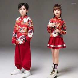 Ethnic Clothing Boy Ancient Tang Costume Stage Show Wear Red Chinese Style Printed Clothes Set Girl Hanfu Skirt Performance Outfit