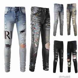 Designer Hole Jeans for Mens Skinny Motorcycle Trendy Ripped Patchwork All Year Round Star Letters Slim Legged 1QJ0 1QJ0 WWI6 O65G