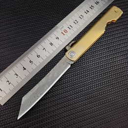 Outdoor Camping Folding Blade Small Knife Stainless Steel Damascus Pocket Knifes Multi function Sharpen Cutter Paring Knives Copper Alloy Handle