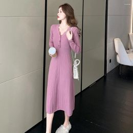 Casual Dresses Autumn Winter Women Sweater High Waist Long Sleeve V-neck Maxi Knitted Vestidos