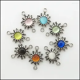 Charms 16 Sun Flower Mixed Round Stone Connectors Antique Silver Plated 13x20mm