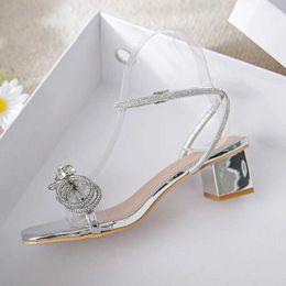 Sandals 34-42 Big Size Bowknot high heels sandals women ankle strap silver thick heel summer shoes female crystal bow sandalias mujer J240126