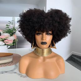 Density 180% Short Cut Bob Mongolian Afro Kinky Curly Human Hair With Bangs For Black Women Glueless No Full Lace Front Wigs