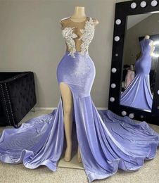 Romantic Lilac Velvet Mermaid Silver Beads Prom Dresses 2024 Sheer Mesh African Plus Size Front Split Evening Dress Party Gowns