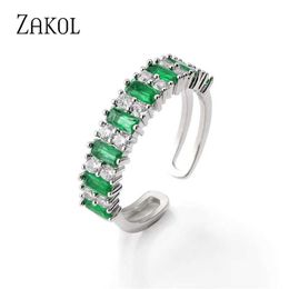 Band Rings ZAKOL Brand New Fashion White Green Geometry Rectangle Cubic Zirconia Open Rings for Women Party Jewellery Birthday Gift RP5090 240125