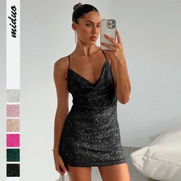 New Sexy Spicy Girl Beaded Hip Wrap Dress Autumn Women's Open Back Sequin Strap Short Skirt Fashion Brand Clothes5435