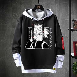 Men's Hoodies Sweatshirts Japanese Fake Two Piece Patchwork Hoodies Anime Hunter X Hunter Hooded Killua Zoldyck Print Men Sweatshirts Streetwear Pullover T240126