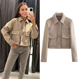 TRAF Cropped Bomber Jacket for Women Coat Jackets outerwears Crop Wool Blends Coats Autumn Winter Tweed 240118