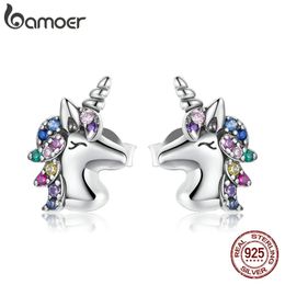 Earrings bamoer Silver Sharp Horned Horse Rainbow Colorful Zircon Unicorn Earrings 925 Sterling Silver for Women Jewelry BSE496