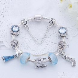 Charm Bracelets Wholesale-Bracelet 925 Sier Pandoa Style Bracelets Love Flower Crystal Shoes Pendant Snake Chain Bangle Diy Jewellery W Dh0O6