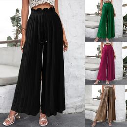 Women's Pants Elegant Women Palazzo Ruffled Straight Pleated Solid Color Wide Leg Pantes Long Trousers Drawstring Baggy