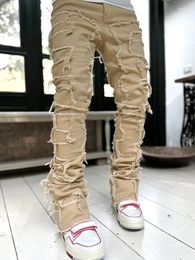 Mens Jeans High Street White Stacked Stretched Patchwork Tassel Damaged Denim Full Length Pants Hip- Trousers for Male