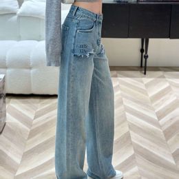 Zerrissene Jeans-Designer-Hosen für Damen, Mode, Spleißen, Buchstaben-Grafik, Denim-Hose, lässige, lockere, gerade Denim-Hosen