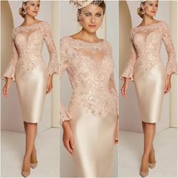 Sheath Knee Length Elegant Mother Of The Bride Dresses Long Sleeves Lace Appliques Beaded Short Pink Wedding Guest Dress For Women Groom Mom Evening Formal
