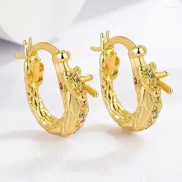 Hoop Earrings 2024 Zircon Dragon Chinese Zodiac Ear Jewelry Vintage Sculpture Pattern 925 Silver Gold Color Buckle KOFSAC